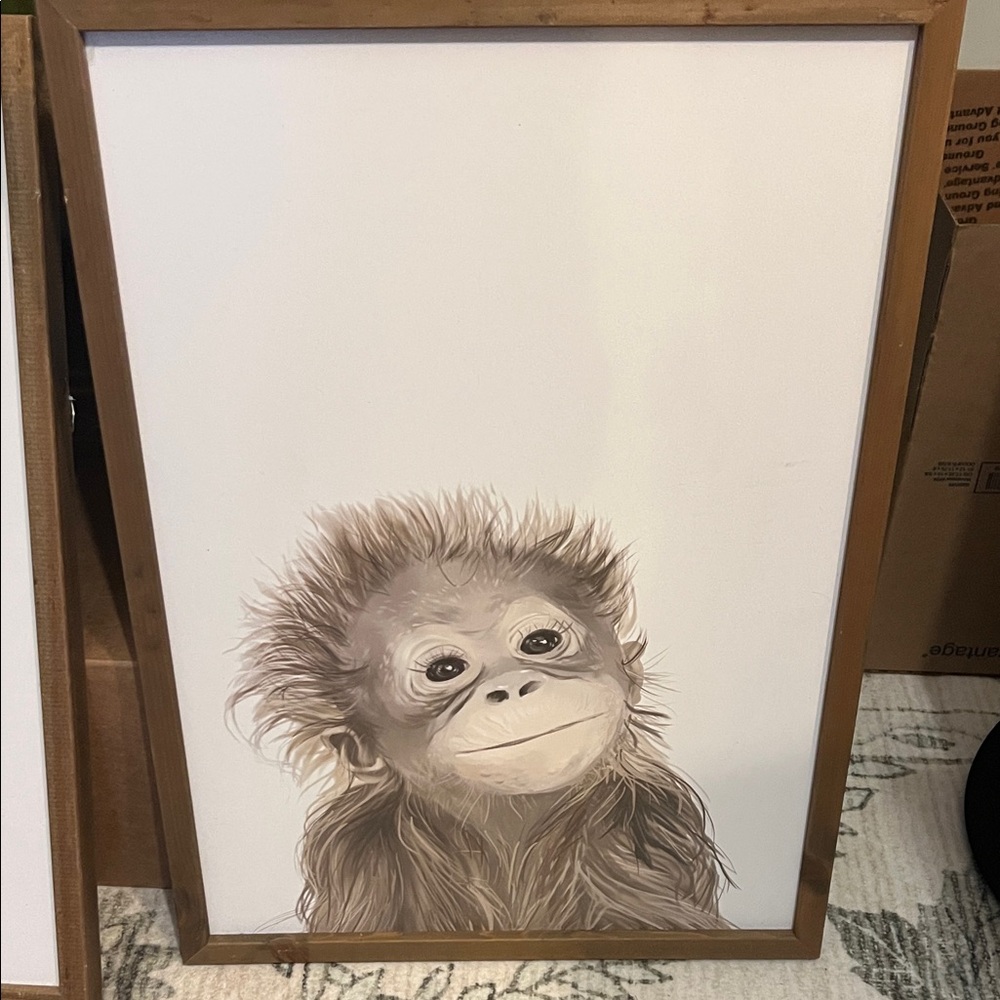Framed Baby Monkey Wall Art - Neutral Brown Canvas Print